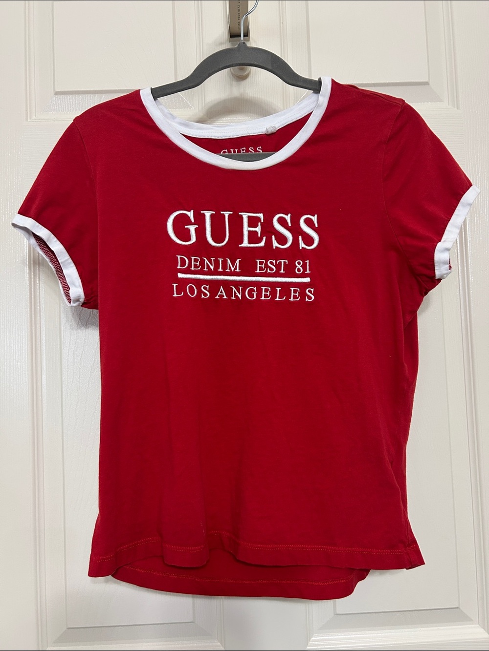 Guess Cotton Red Tee Embroidered White Logo with White Trim Y2K and 80’s vibes